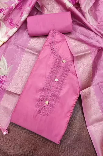 pink unstitched thread embroidery handwork with digital printed woven dupatta dress material