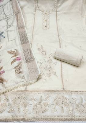 white unstitched thread embroidery handwork with digital printed woven dupatta dress material 2