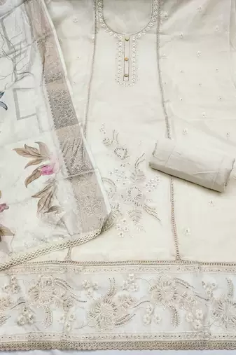 white unstitched thread embroidery handwork with digital printed woven dupatta dress material