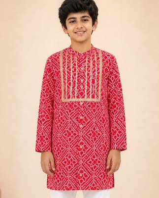 Boy's red cotton digital print knee length kurta 1