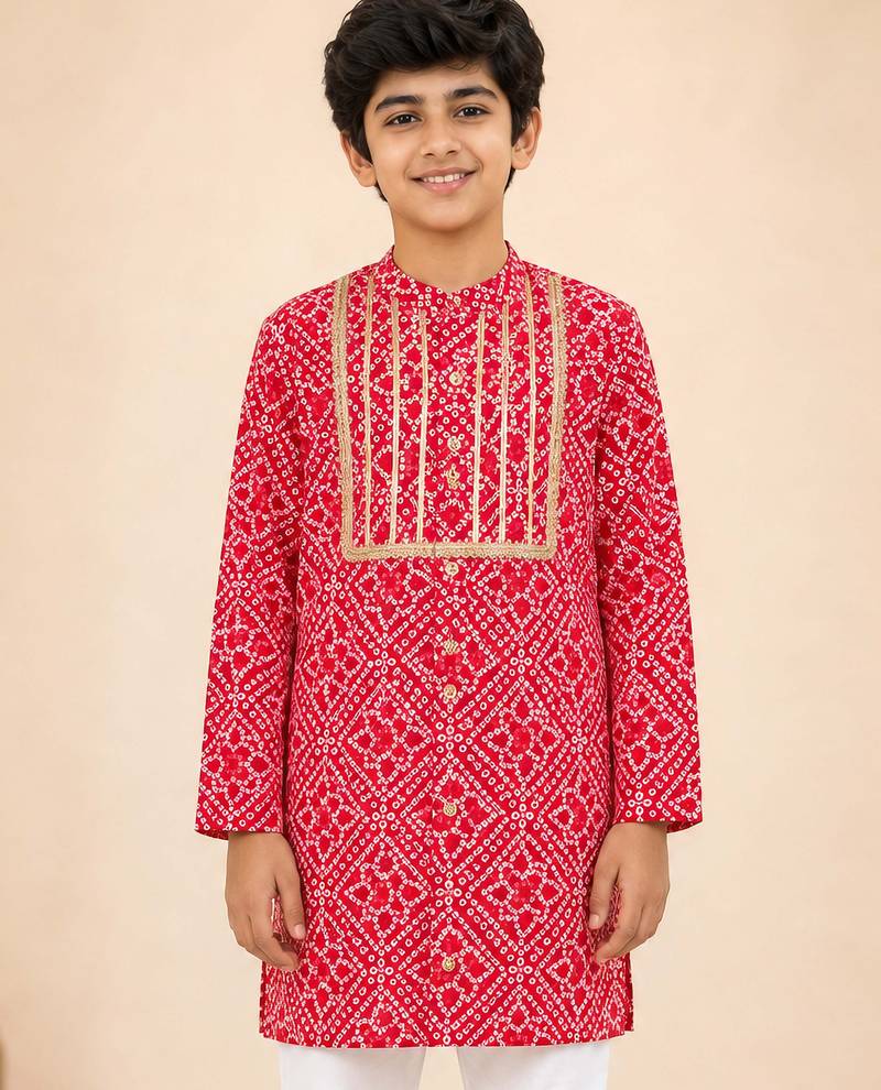 Boy's red cotton digital print knee length kurta