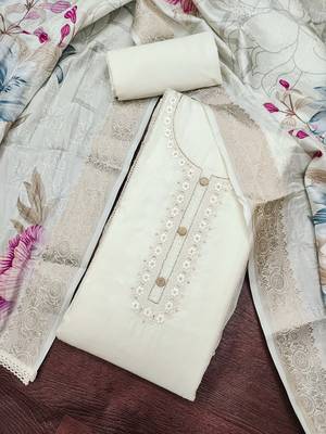 white unstitched thread embroidery handwork with digital printed woven dupatta dress material 4