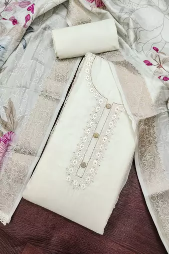 white unstitched thread embroidery handwork with digital printed woven dupatta dress material