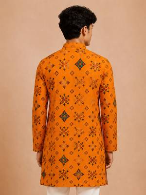Boy's mustard rayon geometric print knee length kurta 4