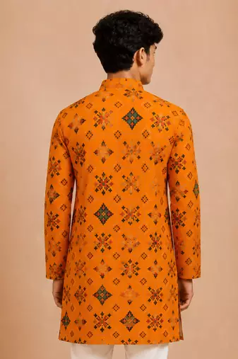 Boy's mustard rayon geometric print knee length kurta