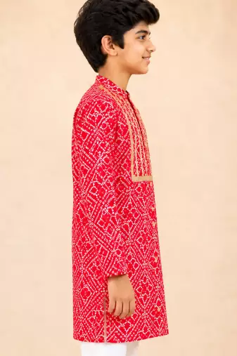 Boy's red cotton digital print knee length kurta