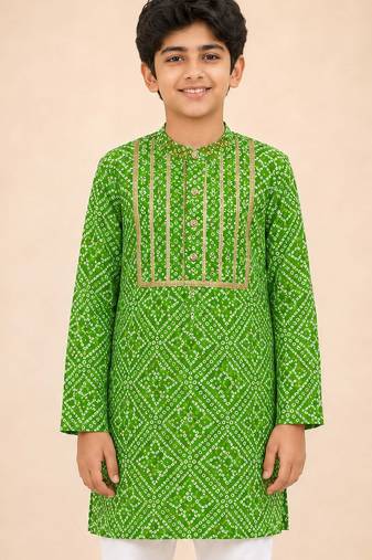 Boy's green cotton digital print knee length kurta