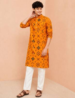Boy's mustard rayon geometric print knee length kurta 5