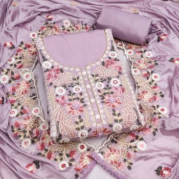 lavender unstitched thread embroidery handwork silk blend dress material 1