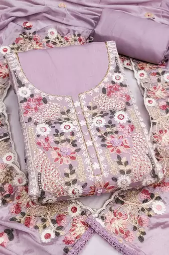 lavender unstitched thread embroidery handwork silk blend dress material