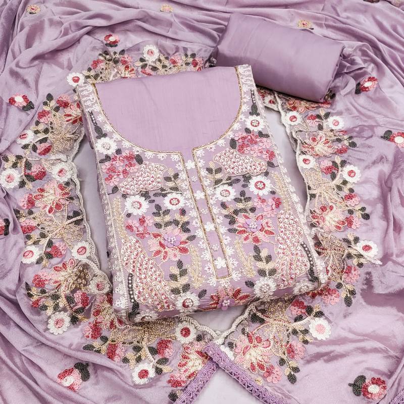 lavender unstitched thread embroidery handwork silk blend dress material