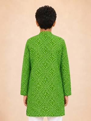 Boy's green cotton digital print knee length kurta 4