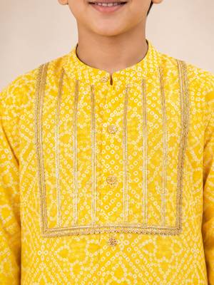 Boy's yellow cotton digital print knee length kurta 2