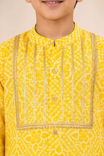 Boy's yellow cotton digital print knee length kurta