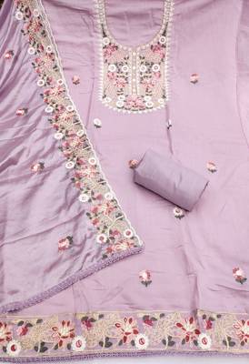 lavender unstitched thread embroidery handwork silk blend dress material 2