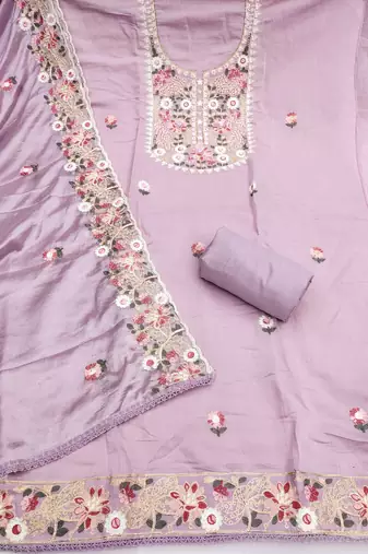lavender unstitched thread embroidery handwork silk blend dress material