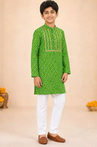 Boy's green cotton digital print knee length kurta