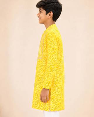 Boy's yellow cotton digital print knee length kurta 3