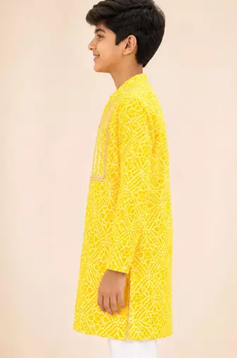 Boy's yellow cotton digital print knee length kurta
