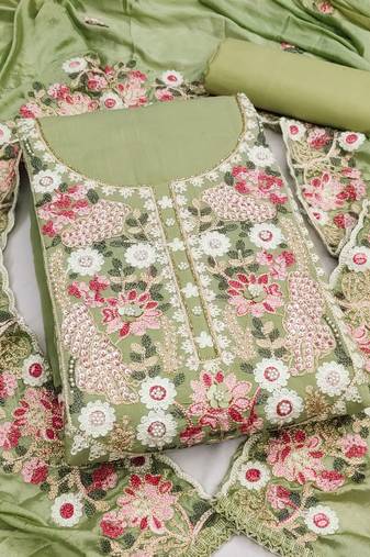 light green unstitched thread embroidery handwork with embroidered dupatta silk blend dress material