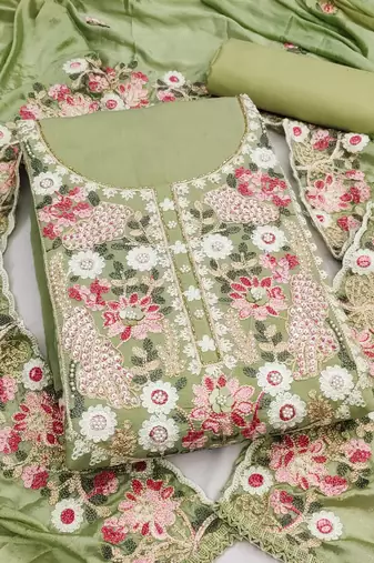 light green unstitched thread embroidery handwork with embroidered dupatta silk blend dress material