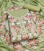 light green unstitched thread embroidery handwork with embroidered dupatta silk blend dress material