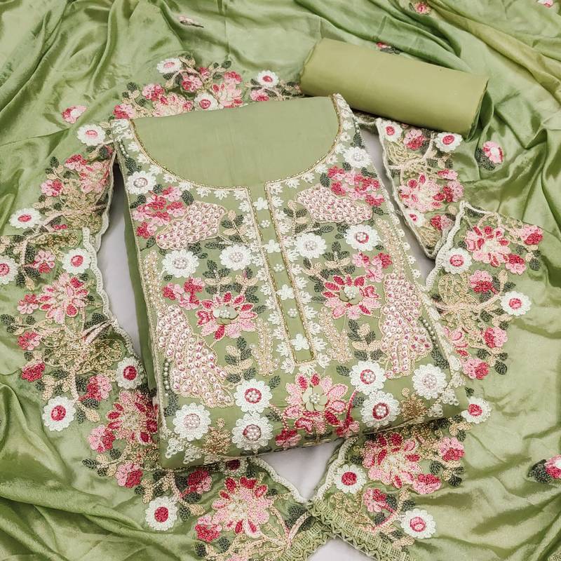 light green unstitched thread embroidery handwork with embroidered dupatta silk blend dress material