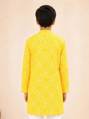 Boy's yellow cotton digital print knee length kurta 4
