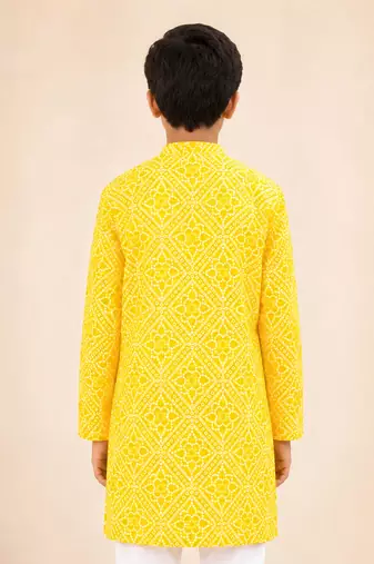 Boy's yellow cotton digital print knee length kurta