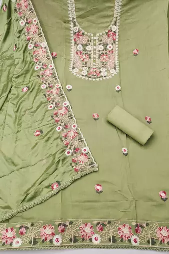 light green unstitched thread embroidery handwork with embroidered dupatta silk blend dress material