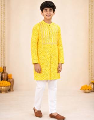 Boy's yellow cotton digital print knee length kurta 5