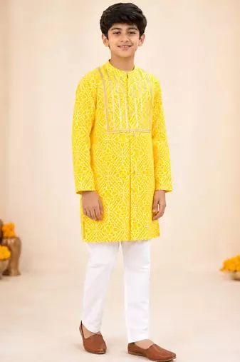 Boy's yellow cotton digital print knee length kurta
