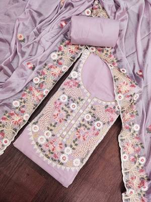 lavender unstitched thread embroidery handwork silk blend dress material 4