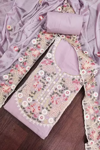 lavender unstitched thread embroidery handwork silk blend dress material