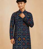 Boy's navy blue rayon printed knee length kurta