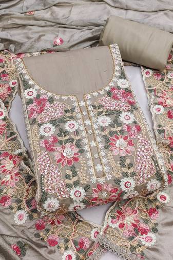 grey unstitched thread embroidery handwork with embroidered dupatta silk blend dress material