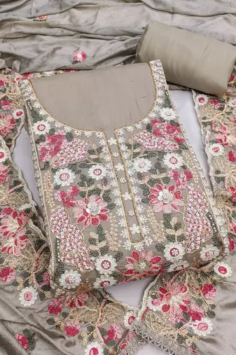 grey unstitched thread embroidery handwork with embroidered dupatta silk blend dress material