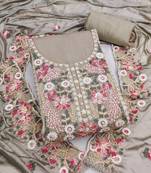 grey unstitched thread embroidery handwork with embroidered dupatta silk blend dress material