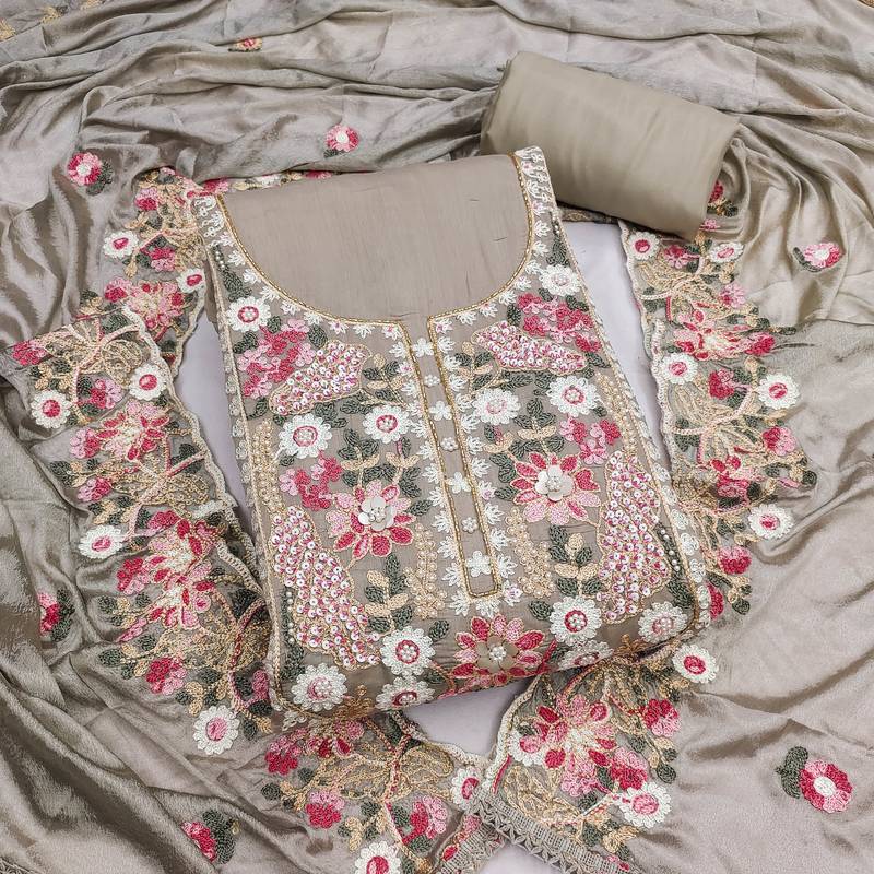 grey unstitched thread embroidery handwork with embroidered dupatta silk blend dress material