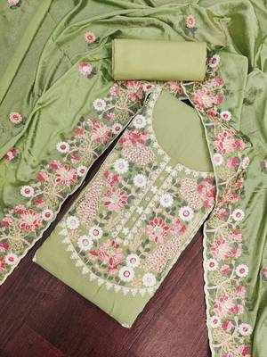 light green unstitched thread embroidery handwork with embroidered dupatta silk blend dress material 4