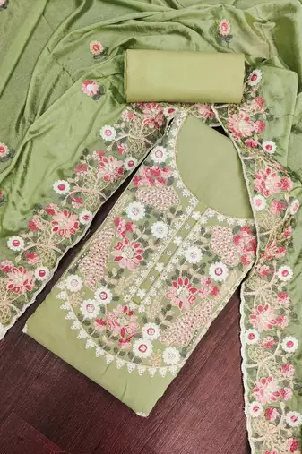 light green unstitched thread embroidery handwork with embroidered dupatta silk blend dress material