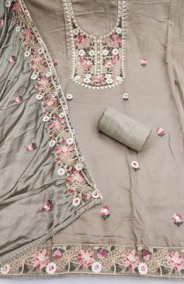 grey unstitched thread embroidery handwork with embroidered dupatta silk blend dress material 2
