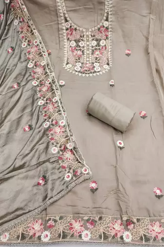 grey unstitched thread embroidery handwork with embroidered dupatta silk blend dress material