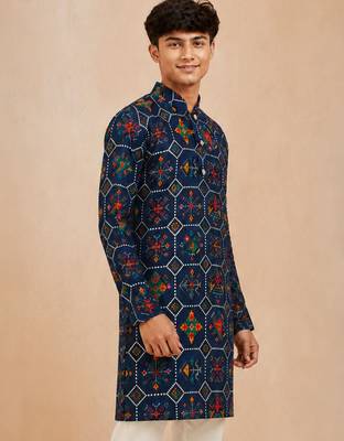 Boy's navy blue rayon printed knee length kurta 3