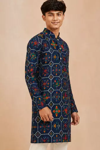 Boy's navy blue rayon printed knee length kurta