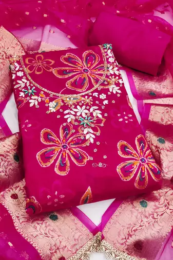 pink unstitched print handwork with woven embellished dupatta modal dress material