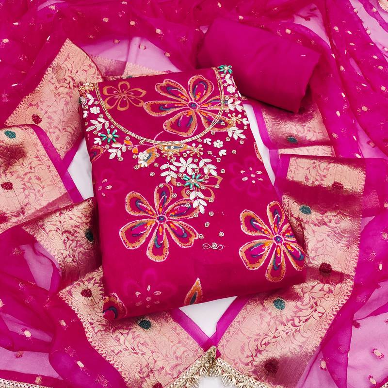 pink unstitched print handwork with woven embellished dupatta modal dress material