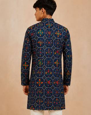 Boy's navy blue rayon printed knee length kurta 4