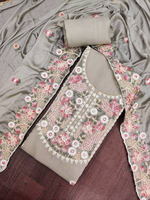 grey unstitched thread embroidery handwork with embroidered dupatta silk blend dress material 4