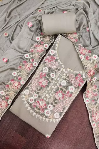 grey unstitched thread embroidery handwork with embroidered dupatta silk blend dress material